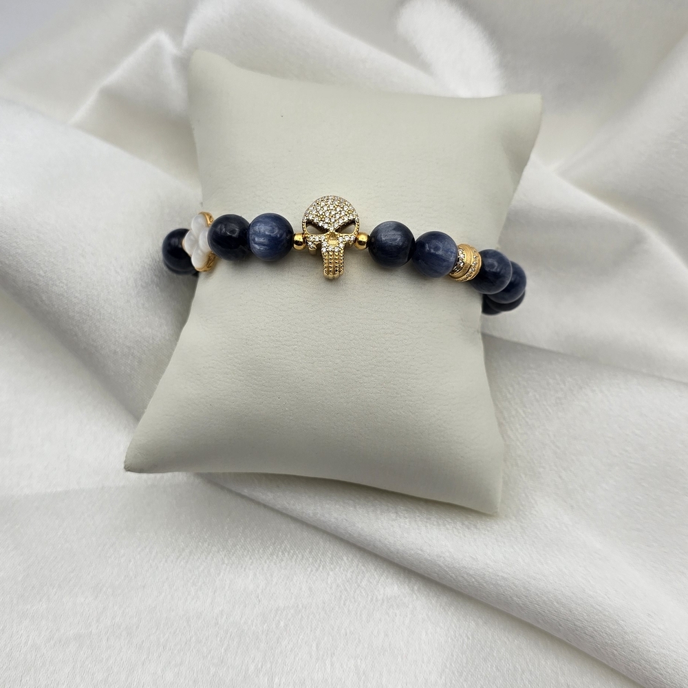Handmade By G Custom Sterling Silver Moissanite Skull Blue Kyanite Bracelet